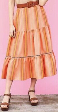 Matilda Jane Women's Medium Apricot Tree Striped Spring Tiered Midi Skirt